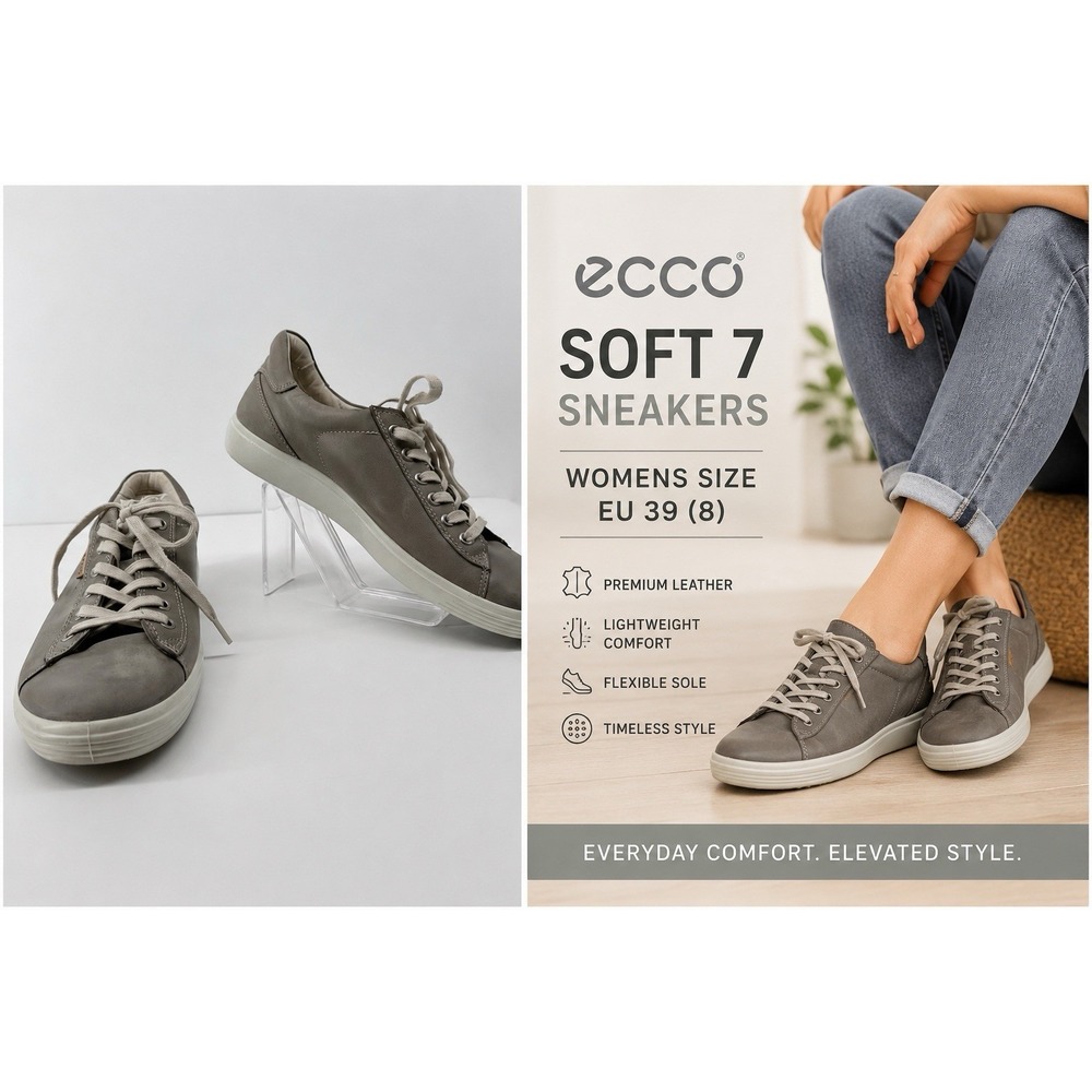 ECCO Soft 7 Womens EU 39 US 8 Gray Leather Lace Up Sneakers Comfort Casual Shoe